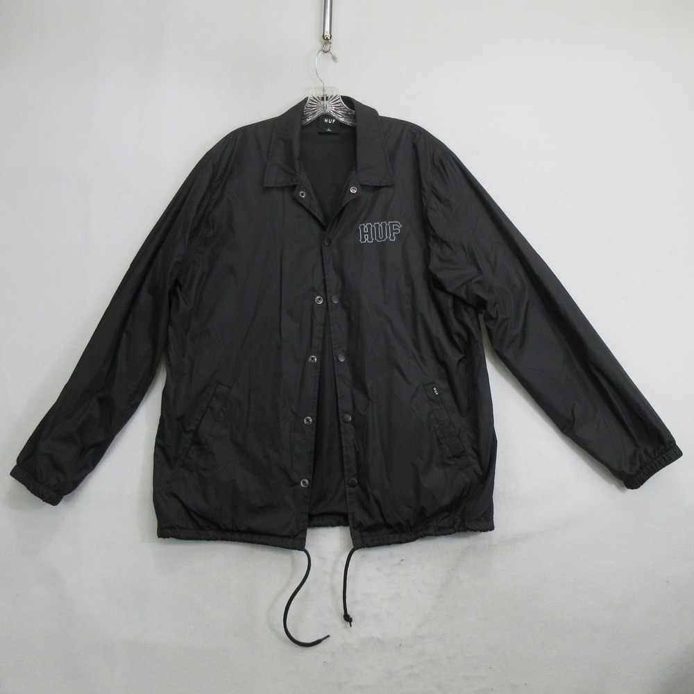 HUF Men's Jacket Size L Coach Windbreaker Snap Button Black Graphic H Logo